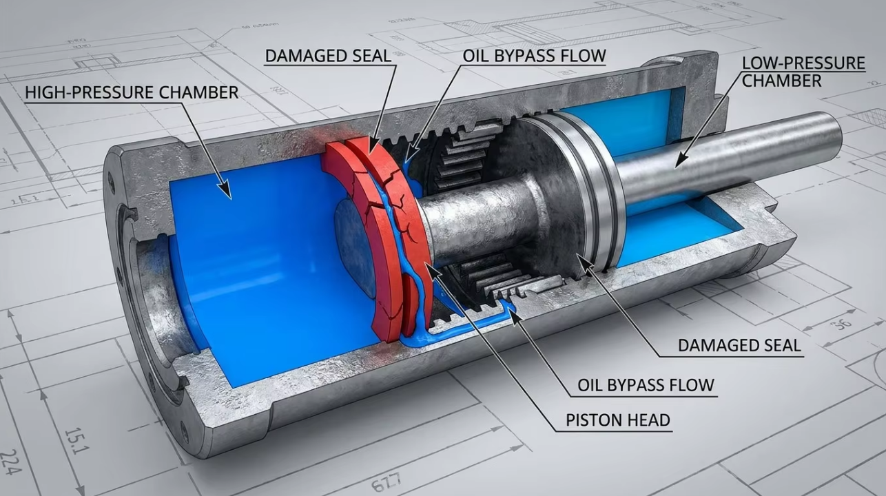 Technical diagram of hydraulic piston seal failure and internal oil bypass