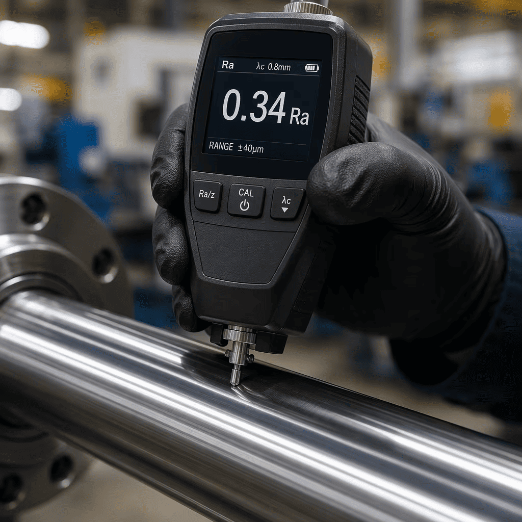 Measuring surface roughness Ra value with digital profilometer on hydraulic cylinder rod