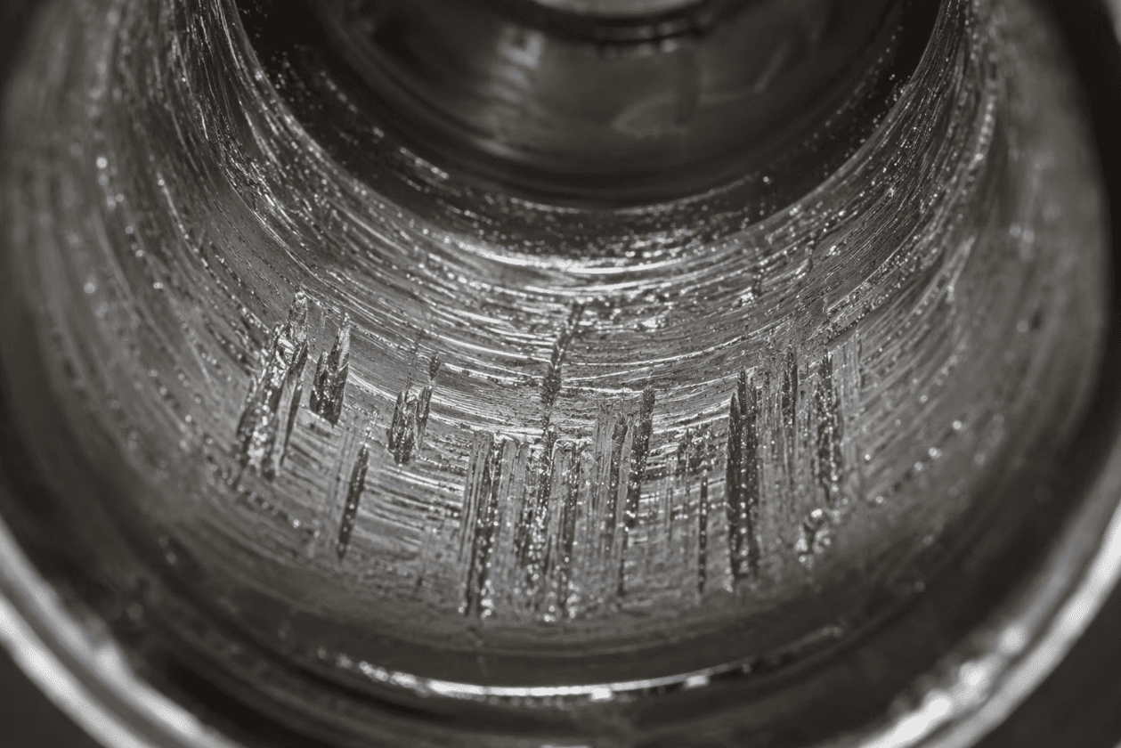 Macro photography of hydraulic barrel galling and internal scoring damage