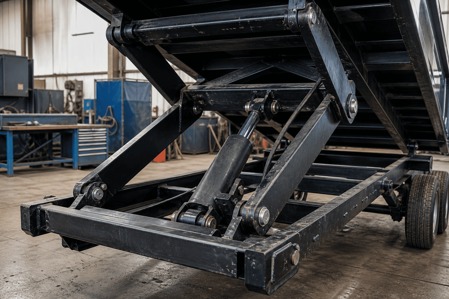 hydraulic scissor hoist installed in a dump trailer frame